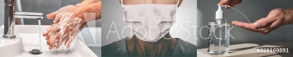 3 Images: Person washing their hands, person wearing a mask, and person using hand sanitizer