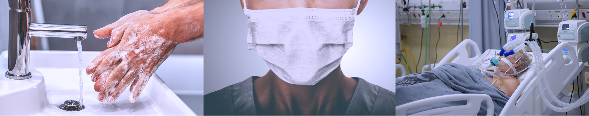 3 Images: Person washing their hands, person wearing a mask, and senior patient on a ventilator in the hospital